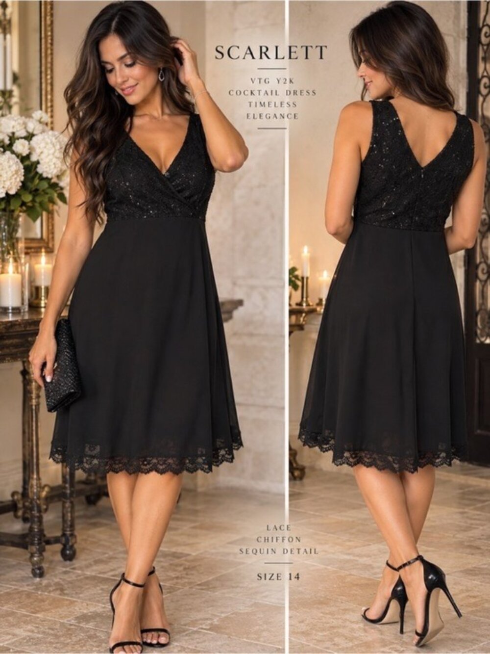 Scarlett Black Lace Chiffon Midi Dress Size 14 Surplice V Neck Cocktail